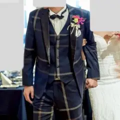 未使用級✨ 高級 4点セット タキシード 新郎 ネイビー 前撮り 結婚式 