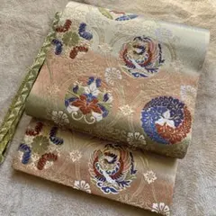 唐織の豪華な袋帯と組紐帯締めのセット　グリーン　ブルー　オレンジ