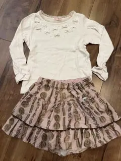 メゾピアノ　110cm セット　ロンT クッキー柄　ズボン　くま　リボン　長袖