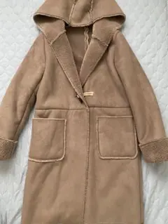 グレー フード付き ロングムートンコート　M