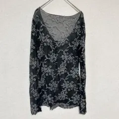 シアーシャツ 黒 花柄 長袖 クルーネック 透け感 ブラック