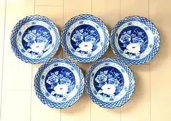 花柄陶器 和食器5枚組　深皿 中皿 時代物　昭和レトロ　青　牡丹 骨董