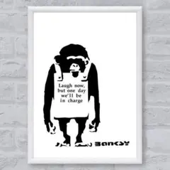 214 アートポスター訳ありA4フレーム付 バンクシー Laugh 猿 白黒