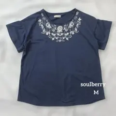 soulberry ソウルベリー 刺繍Tシャツ　ネイビー　花柄　カットソー　Mのサムネイル