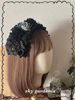 ♡ブラックフリルレース 黒グレー薔薇 ゴシック 成人式 ヘッドドレス ロリータ♡