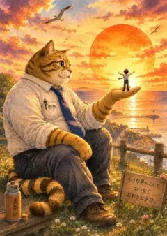 【3枚で1200円】☆夕日と猫のおじさんのイラストポスター