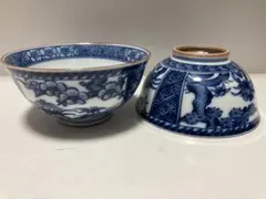 未使用美品　戦時中　1940年代　統制陶器　魚文　野菜文　骨董　高台　中鉢2客 未使用美品 戦時中 1940年代 統制陶器 魚文 野菜文 骨董 高台 中鉢2客