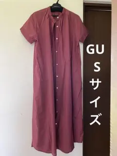 バンドカラー 半袖シャツワンピース ロング丈 ボルドー GU S ウエストマークのサムネイル