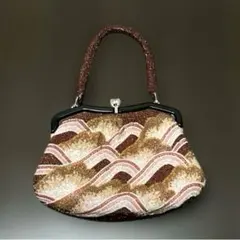 ビーズバック　装飾ハンドバッグ ピンクブラウン系