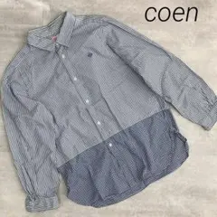 美品❣️ コーエン ストライプ　チェック　シャツ 長袖 綿　ブルー