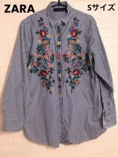 【美品】ZARA花柄刺繍のストライプシャツワンピ