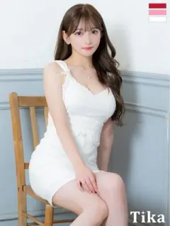 Tika ノースリーブリボンワッフルパールボタンストレッチタイトミニドレス