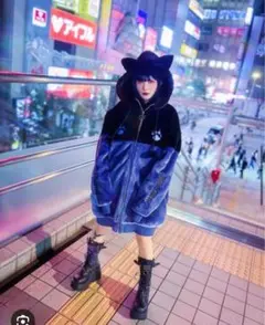 LISTEN FLAVOR 猫耳フード パーカー L ブラック×ブルー