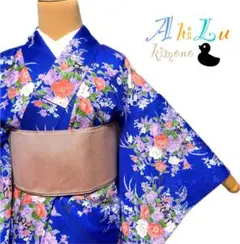 【J1145】洗える着物 小紋 袷 化繊 青 対象身長～162cm 匿名配送