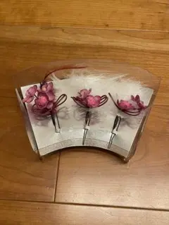 ピンクの花と羽根のかんざし3点セット