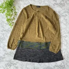 配色切替 ニットチュニック 長袖 マスタード グレー 体型カバー 春 薄手