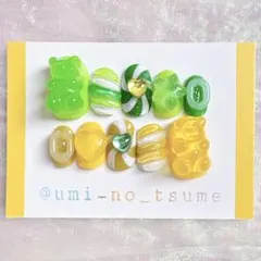 オーダー　ネイルチップ　個性派　ポップ　緑　黄色　推し活　グミベア　カラフル