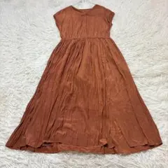 2467 良品✨ロング丈半袖フレアワンピース プリーツ ウエスト切替 綺麗め Fのサムネイル