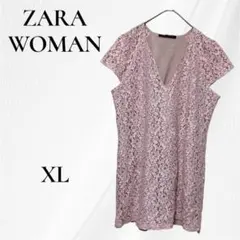 ZARA WOMAN レース ワンピース ピンク XL 半袖 Vネックのサムネイル