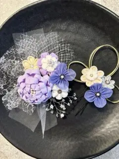 つまみ細工髪飾り ヘアアクセサリー　成人式　振袖　七五三　卒業式　紫　ゴールド