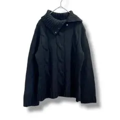 ブラック 黒 ケーブルニット セーター 折り返し襟 ボタン付 プルオーバー M