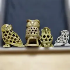 フクロウの石彫刻4体セット