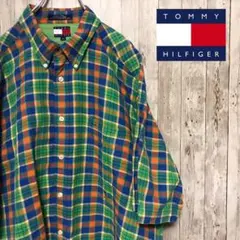 90s TOMMY HILFIGER 半袖チェックシャツ　旧タグ　ビッグサイズ
