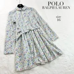 【ポロラルフローレン】ラウンドカラーシャツワンピース☆花柄☆長袖☆ベルト☆160