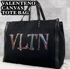 A4可 極美品 ヴァレンティノ キャンバス トートバッグ VLTN プリント 黒のサムネイル