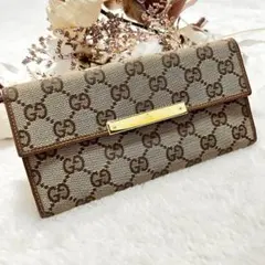 GUCCI 長財布 GG キャンバス レザー ロゴプレート 二つ折り ホワイト系