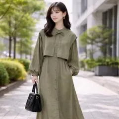 LOWRYS FARM レイヤードベスト2Pワンピース カーキ定価7,150円