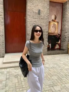 1度着用 SHEIN 半袖 ボートネック スリムフィット ニットトップス グレー
