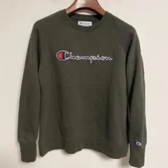 Champion オリーブグリーン 刺繍ロゴ 裏起毛トレーナー S