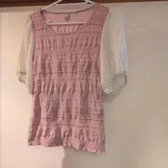 アルパカ刺繍 半袖カットソー ピンク×ホワイトのサムネイル