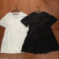 マタニティ コットンティアードミニワンピース ブラウス 半袖 黒 白 春 夏