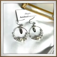 No893 コットンパールフープピアス　パールのピアス　ハンドメイドイヤリング