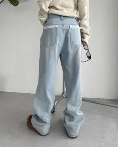 ライトブルー デニムパンツ ウエストレース ウィッシュコア 森ガール 韓国服のサムネイル