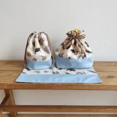 ハンドメイド☆　ランチ3点セット　アニマルズ　きなり×モーニングスターブルー