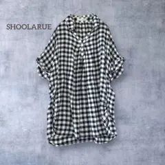 【シューラルー】リネン混 ギンガムチェック半袖 チュニック Vネック 黒 白L