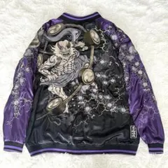 【極美品】　スカジャン　風神雷神　別珍　刺繍 ベロア調　ヴィンテージ　90s Ｌ 閉店セール】風神雷神 和柄刺繍 サテン スカジャン 本格 風神