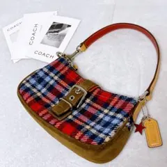 美品　COACH　アクセサリーポーチ　ウール　スエード　チェック柄　ソーホー