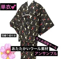 大人お洒落アンサンブル❣️ウール単衣 黒地 modern羽織り紐付き逸品