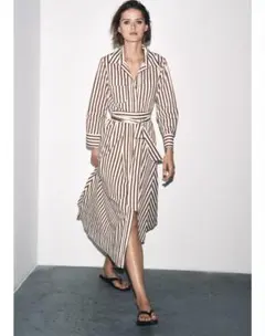【新品】ZARA（ザラ）、ストライプ 柄長袖シャツワンピース、同生地のベルト付き