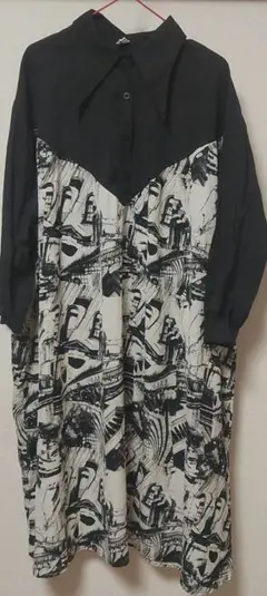 黒白グラフィックデザイン　切り替え　長袖シャツワンピース　マタニティー