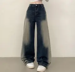 ダークデニム ワイドパンツ フェード加工