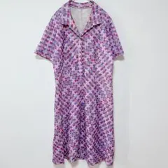 昭和レトロ 総柄 幾何学模様 ワンピース 半袖 紫 古着 ヴィンテージ L相当