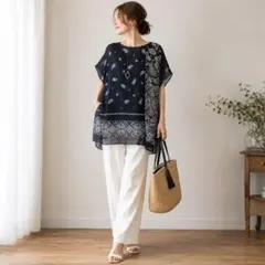 BUONA GIORNATA ボナジョルナータ ペイズリー柄 ブラウス 紺 Lのサムネイル