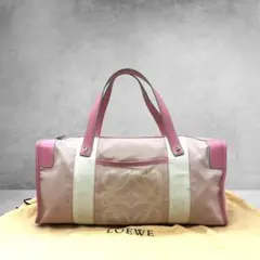 希少 ロエベ アナグラム ボストンバッグ デカロゴ キャンバス レザー ピンク