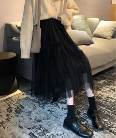 shein 黒 チュール レース フレアロングスカート