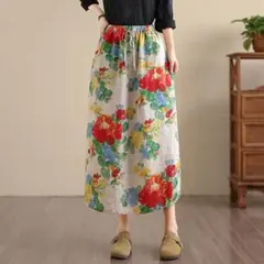 早い者勝ち 綺麗め 花柄 プリント ロングスカート 着痩せ スリット 新品